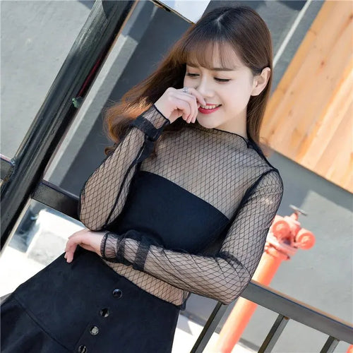 Long Sleeve Mesh Tops Sexy Women See Through Transparent T-Shirt Sheer