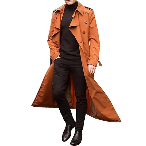 Men's Long Trench Coat Solid Color Long Sleeve Leisure Lapel Button