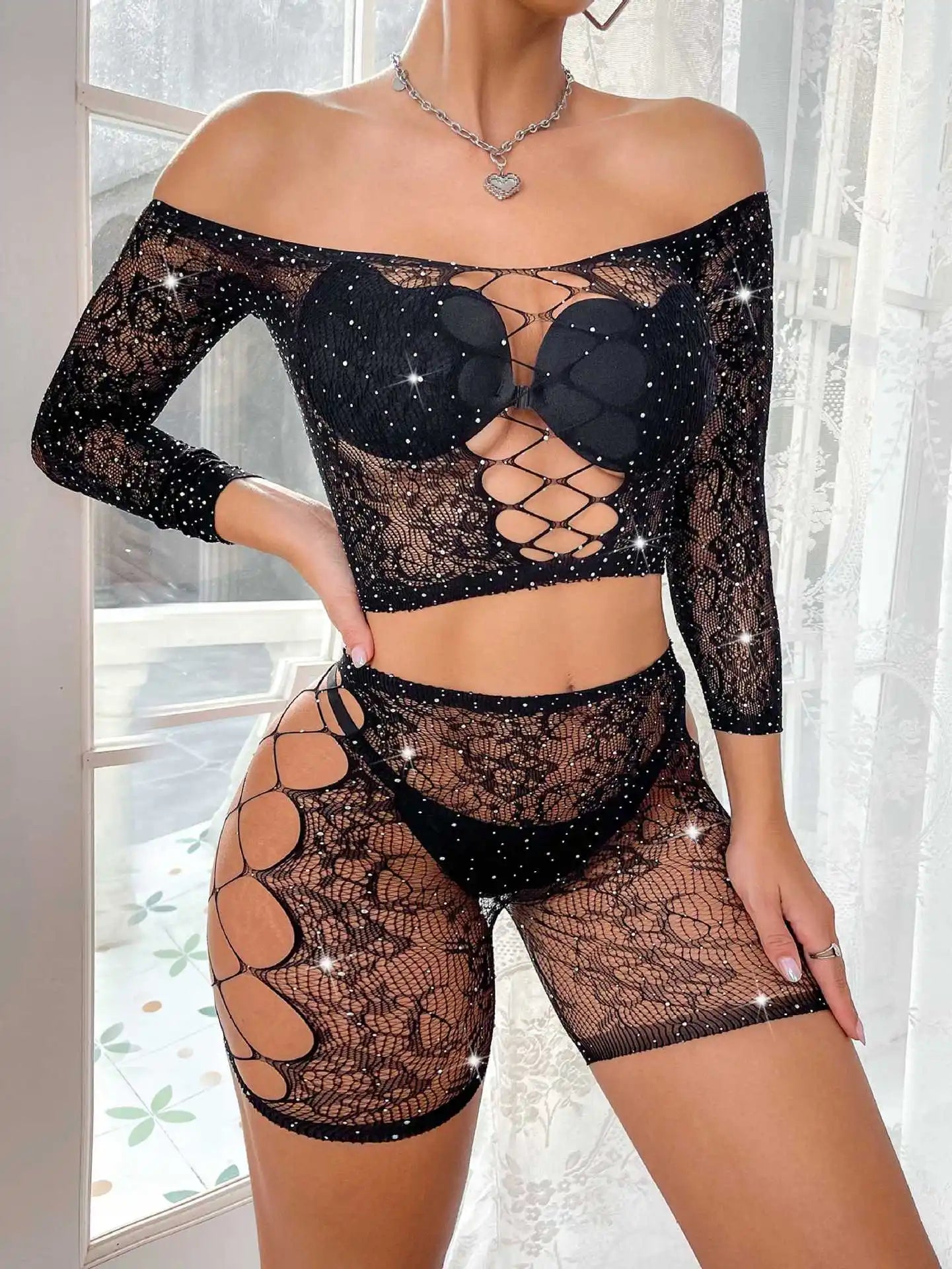 Girl 2 Pieces Rhinestone Bodysuit Rave Bodystocking Teddies Sexy Lingerie Pole Dancewear Erotic Stripper Outfit Nightbar Costume