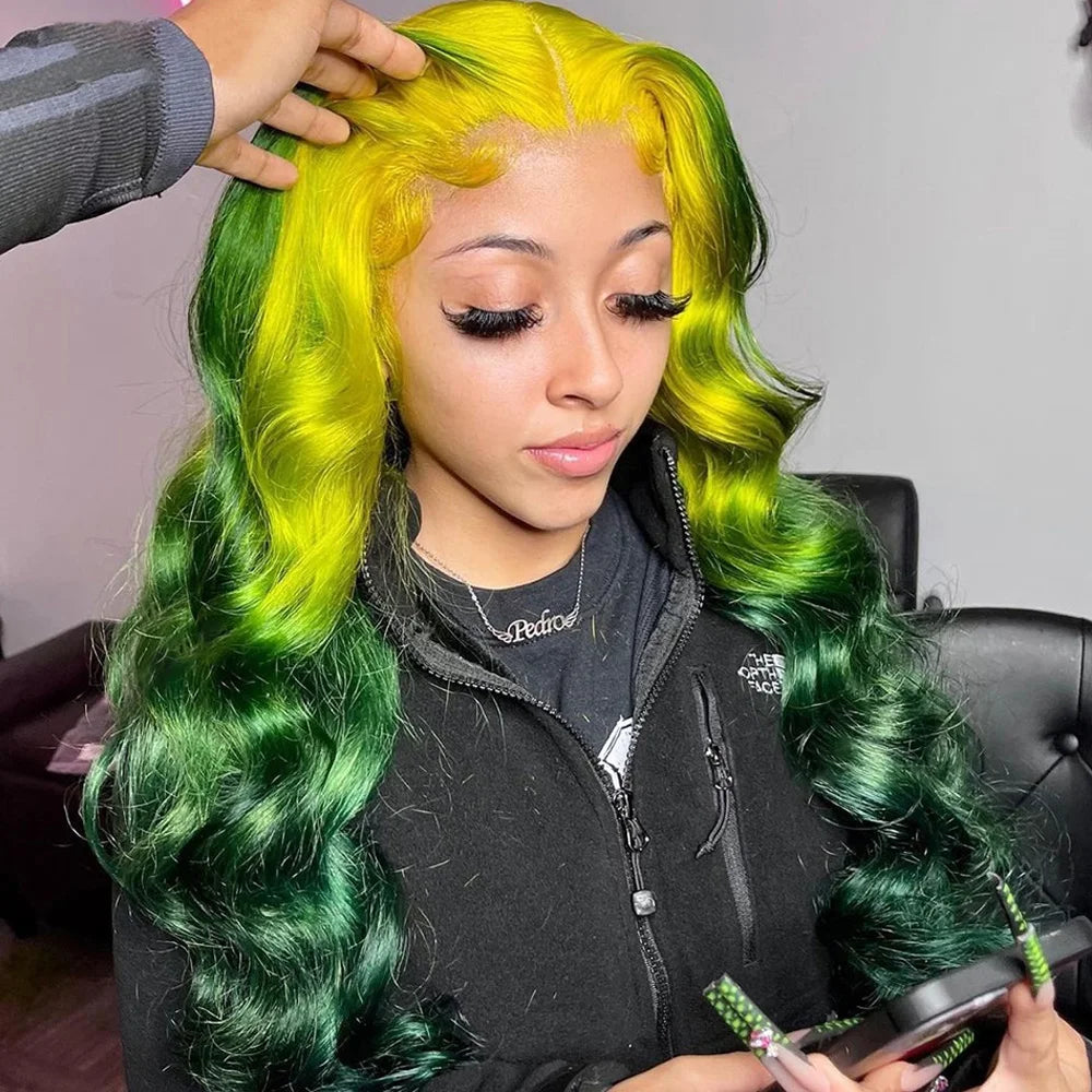 Ombre Yellow and Green Human Hair 13x6 Transparent Lace human hair  Pre-Plucked For Black Women Body wave180% Density  wigs