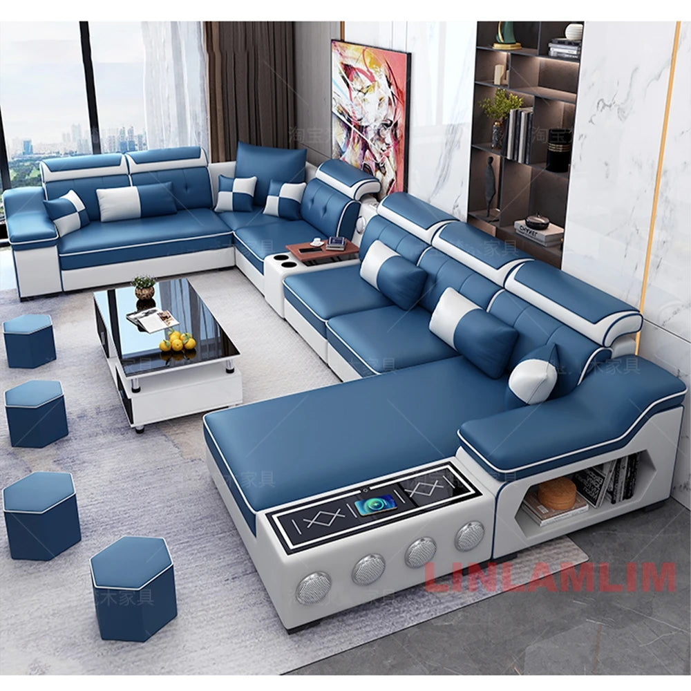 MANBAS Modern Scientific Cloth Sectional Sofa Set with Chaise Lounge, Bluetooth Speakers, and USB Charging Ports for Living Room