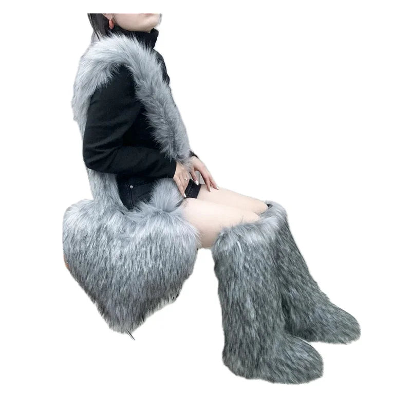 Winter Women Faux Fur Boots And Bag Set Furry Warm Snow Boots Cute Heart-shaped Fur Handbag Love Bag Girls Platform Plush Boots