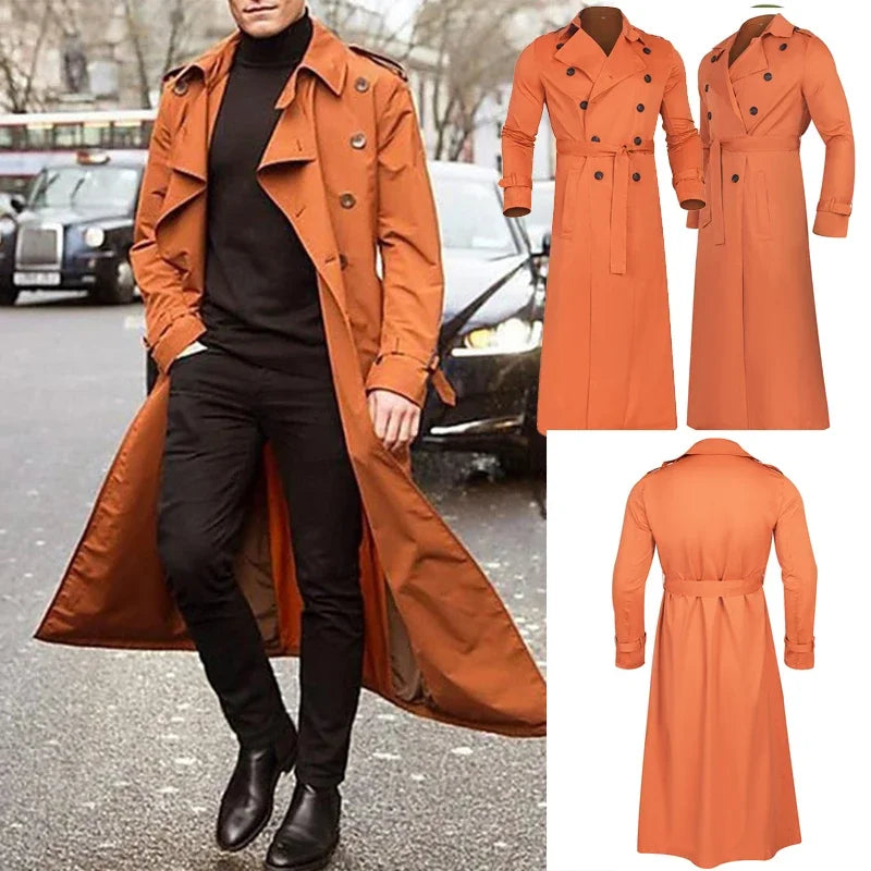 Men's Long Trench Coat Solid Color Long Sleeve Leisure Lapel Button