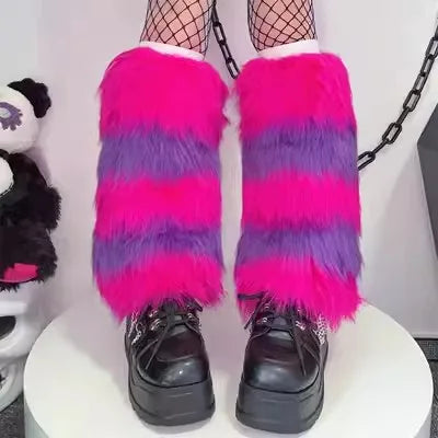 Gothic Women's Y2k Harajuku Punk Lolita Girls Subcultural Striped Contrasting Fur Insulation Faux Furry Socks Legs Warms covers