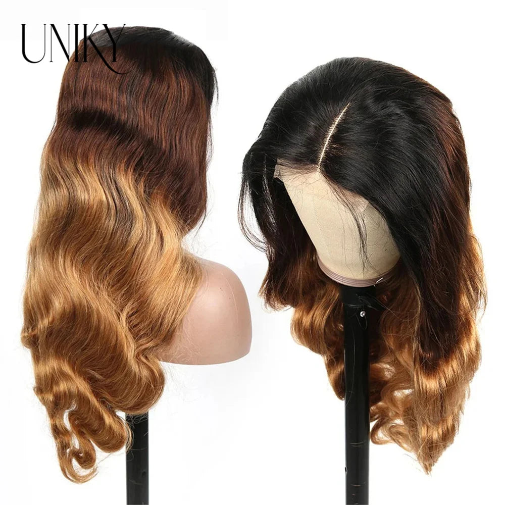 Ombre Lace Front Wig Highlight Ombre Body Wave Wig Pre-plucked Pre-layered Pre-styled 13x4 Lace Wigs for Black Women 1b/4/27