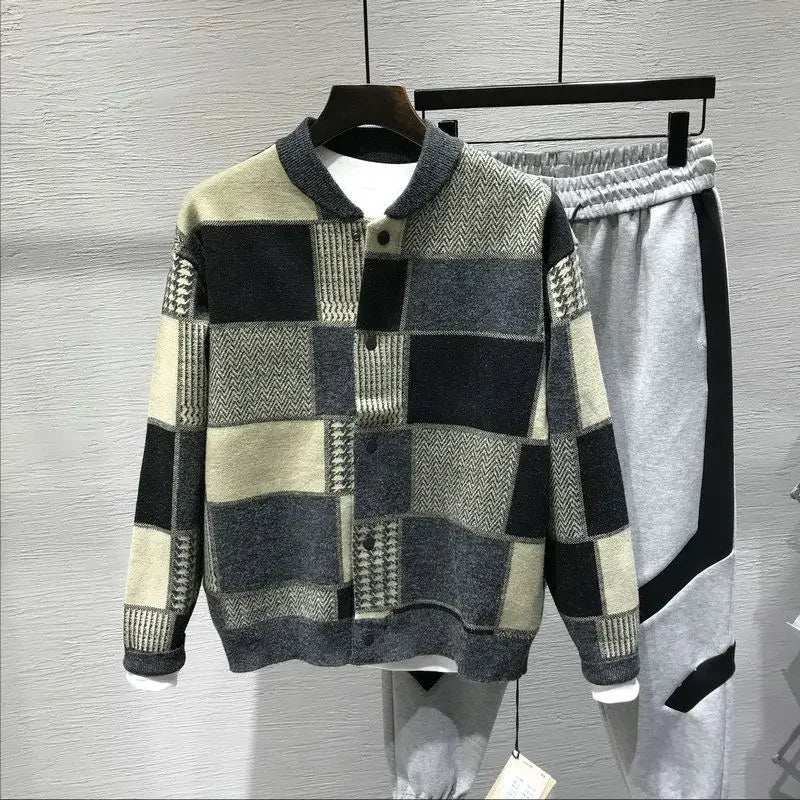 Man Clothes Collared Plaid Coat Knitted Sweaters for Men Jacket