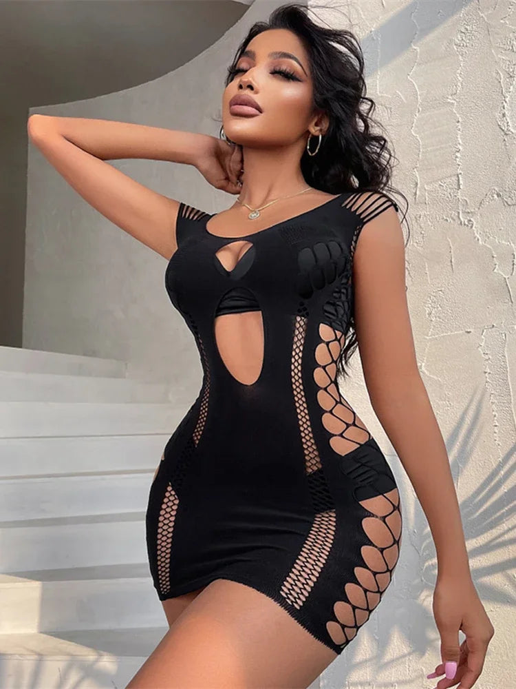 10 Styles Fishnet Underwear Exotic Night Club Clothes Female Sexy Costume See Through Hollow Tight Lingerie Erotic Bodycon Dress