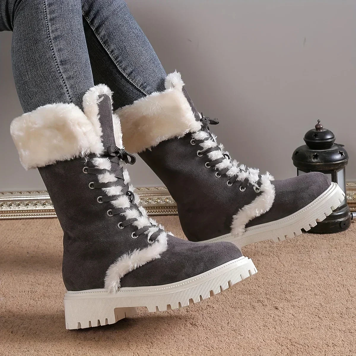 Women's Fleece Lined Snow Boots, Winter Warm Lace Up Flat Mid Calf Boots, Thermal Outdoor Chunky Boots