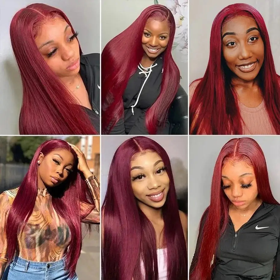 99j Burgundy Red Colored Bone Straight 13x4 Lace Front Human Hair HD Transparent Lace Frontal Wig Brazilian Hair For Black Women