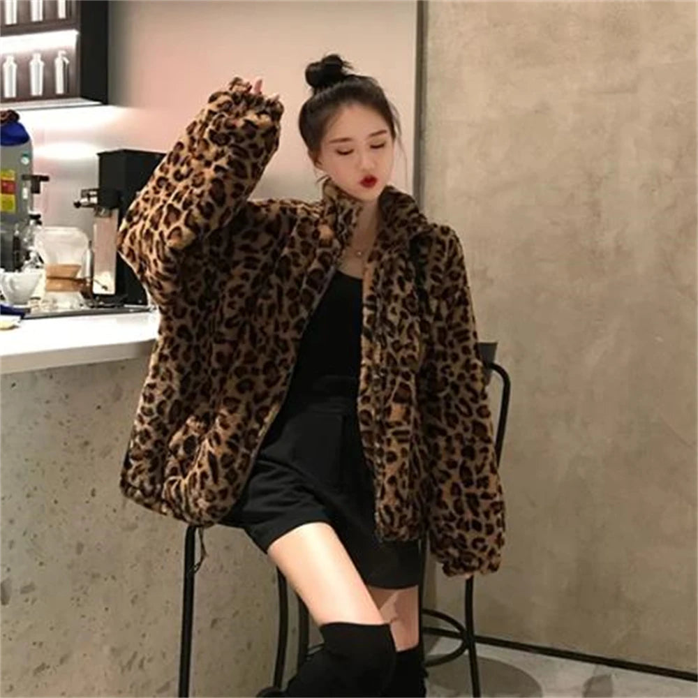 Women Warm Fur Outerwear Plush Jacket Women Winter Long 2024 New Korean Version Loose Lamb Wool Faux Fur Leopard Print Fur Coat