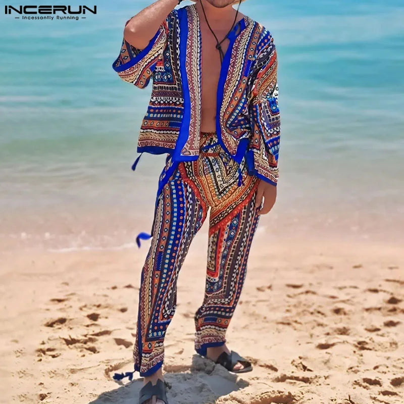 INCERUN 2024 American Style Stylish Sets Men's Three-quarter Sleeve Cardigan Pants Casual Male Ethnic Print Suit 2 Pieces S-5XL