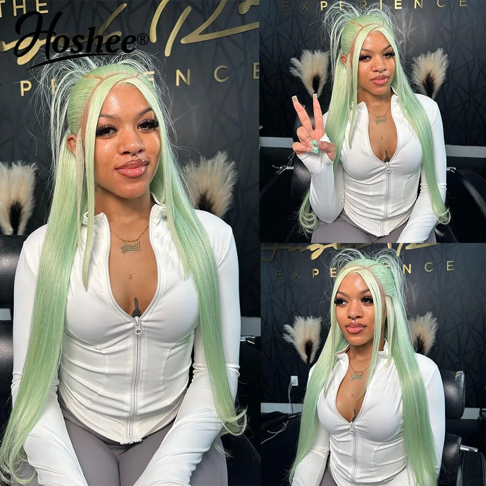 Mint Green Straight Lace Front Human Hair Wigs For Women Lake Blue Colored Human Hair Wigs  13x4 Lace Frontal Wig Pre-Plucked