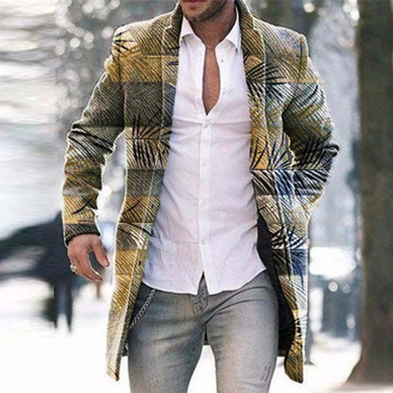 Retro Pattern Print Wool Blend Jackets Men Casual Turn-down Collar