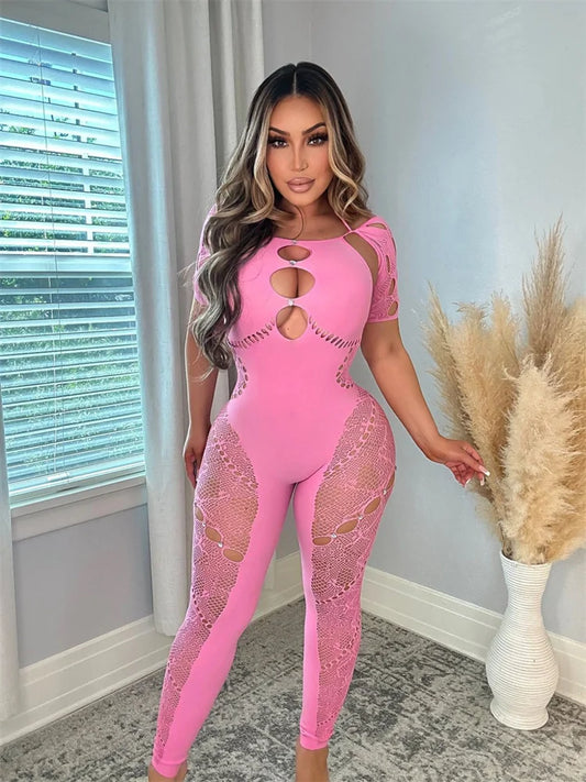 Sexy Outfits Patchwork Pink Jumpsuits Women Hollow Out Rompers Jumpsuits Short Sleeve Backless One-piece Skinny Overalls 2024