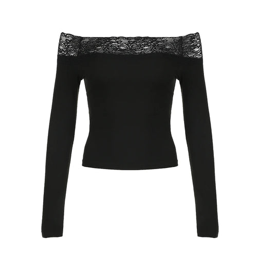 CIBBAR Black Lace Stitched Slash Neck Crop Top Elegant Sexy Skinny