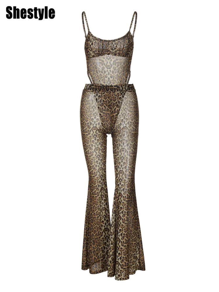 Shestyle Leopard Mesh Sexy Women Two Piece Sets Spaghetti Strap Bodysuit Flare Pants Sheer Brown Sexy Clubwear Waistless Outfit