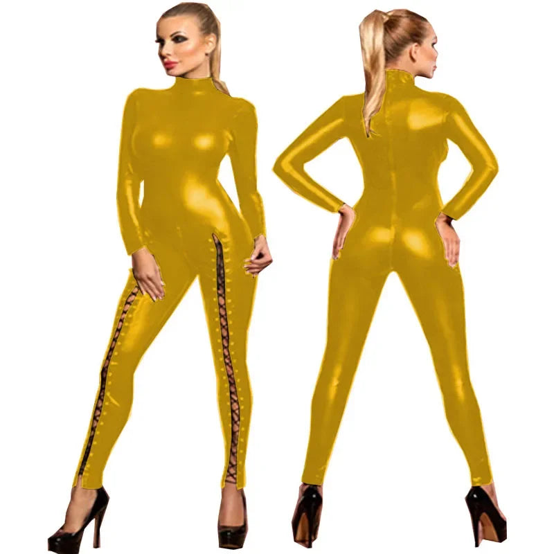 2024 Sexy Hot Women Faux Leather Catsuit Shiny PU Bodysuit Clubwear Bodycon lace-up long jumpsuit Party Club Rompers jumpsuit