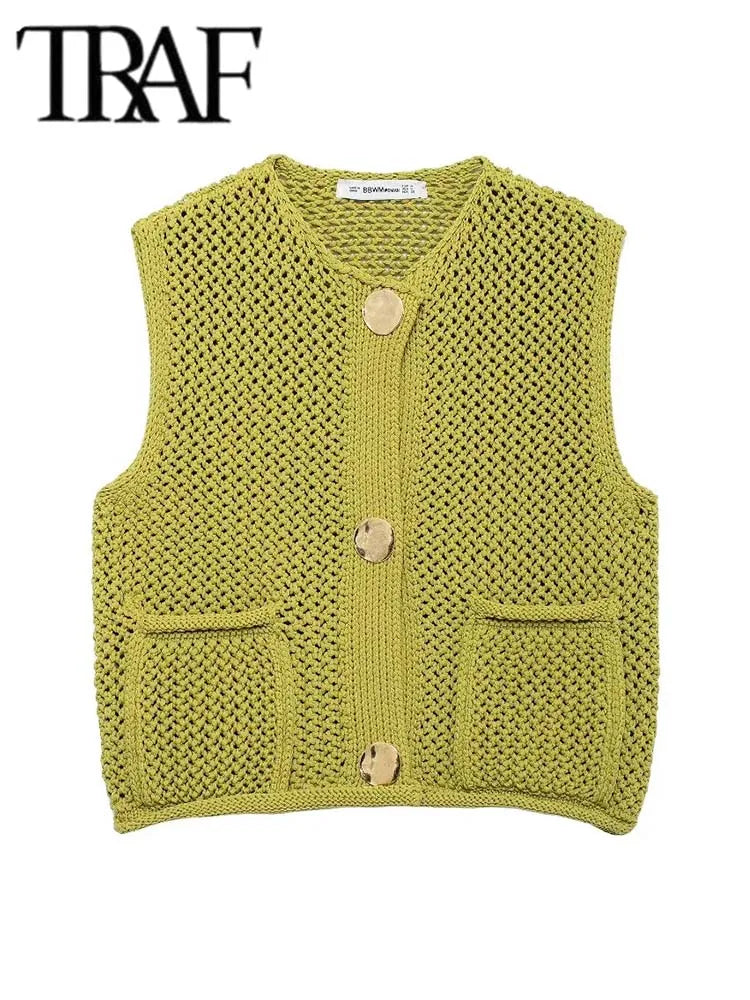 TRAF Women Fashion Sleeveless Coarse Needle Knitting Vest Sweater