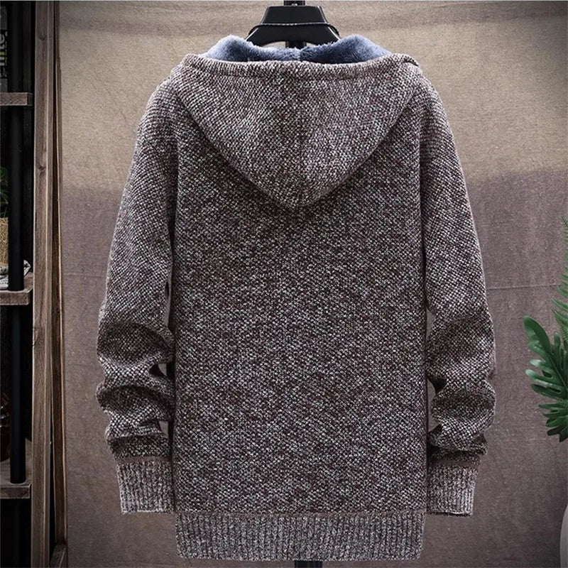 Men‘s Hooded Cardigan Knitted Sweater Winter Thick Fleece Warm Casual