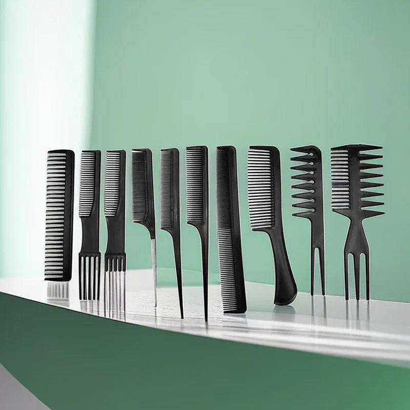 New 10pcs/lot Black Makeup Comb Set Styling Hairdressing Comb in 10 Designs Barber Training Tail Combs Salon HairCut Comb