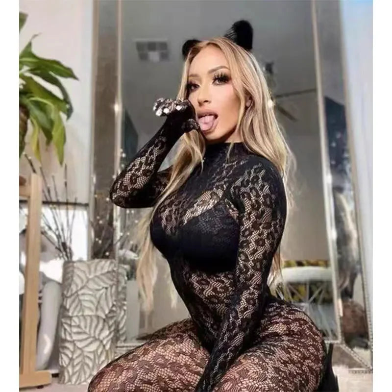 Sexy Costume Cosplay Full Body Stockings Erotic Crotchless Lingerie Women's Fishing Net Hollow Out Transparent Uniform Bodysuit