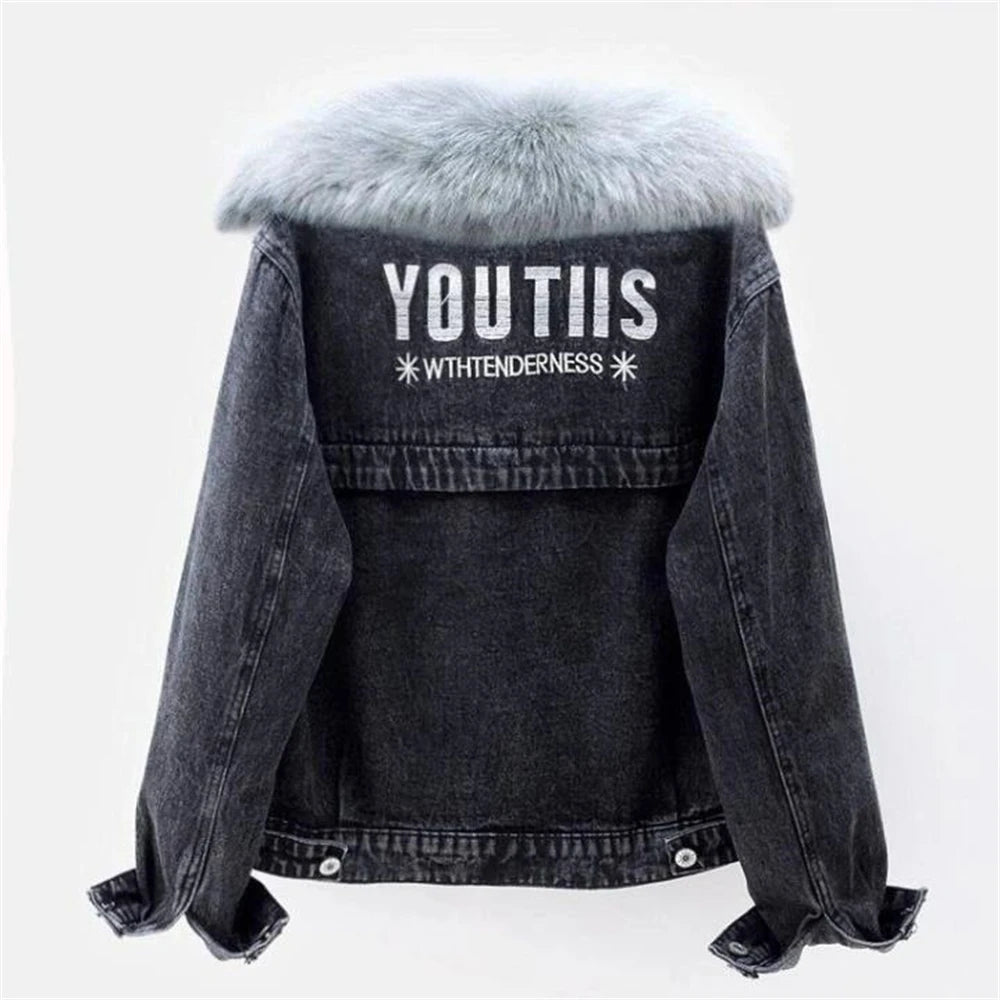 Faux Fur Collar Winter Denim Jackets Women Plus Velvet Warm Casual Thicken Coats Letter Snow Wear Wash Blue Vaqueras Chaquetas