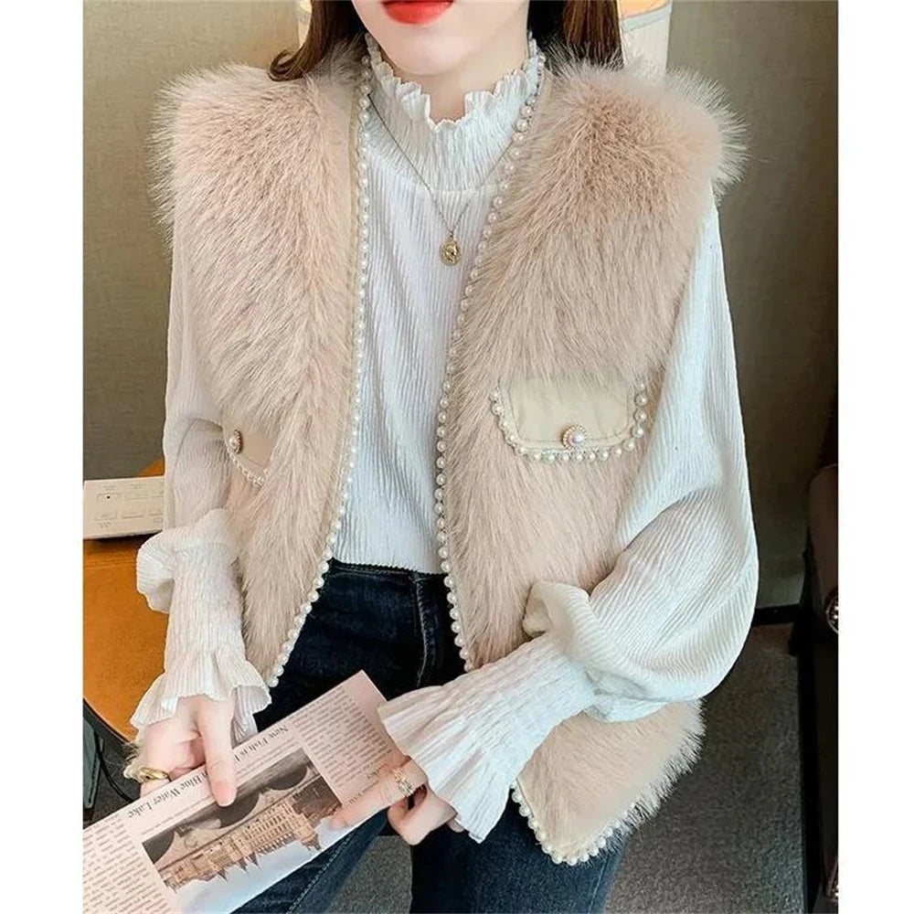 Women Imitation Fur Vest  Autumn Winter Pocket Beading Sleeveless Fur Jacket Plus Cotton Coat Lady Warm Soft Outwear Waistcoat