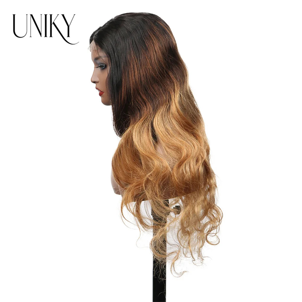 Ombre Lace Front Wig Highlight Ombre Body Wave Wig Pre-plucked Pre-layered Pre-styled 13x4 Lace Wigs for Black Women 1b/4/27