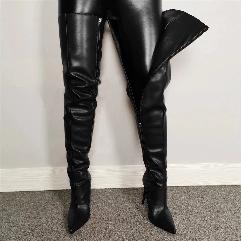 Big Size 40-46 High Heels Women's Over-the-knee Boots Pu Leather Stiletto Knee Boots Leg Boots For Girls