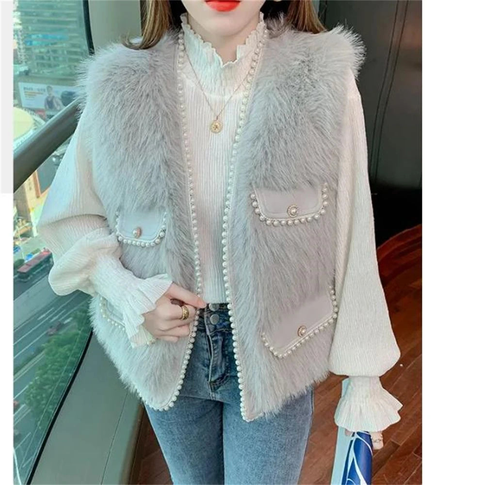 Women Imitation Fur Vest  Autumn Winter Pocket Beading Sleeveless Fur Jacket Plus Cotton Coat Lady Warm Soft Outwear Waistcoat