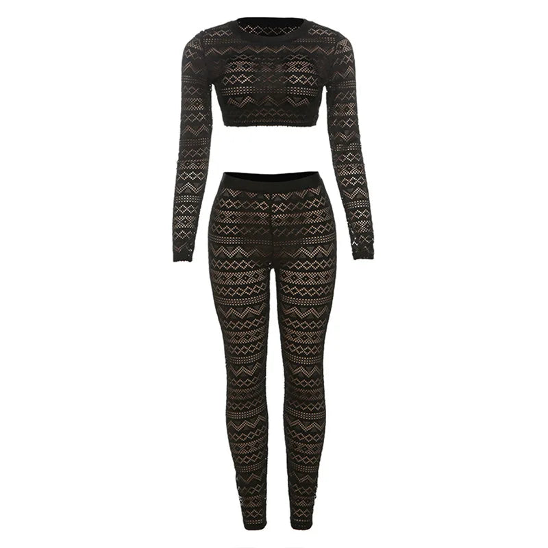 ANJAMANOR See Through Hollow Lace 2 Piece Set Black Long Sleeve Top and Pants Sets Fall Clothes 2024 Women Club Outfits D87-CE26