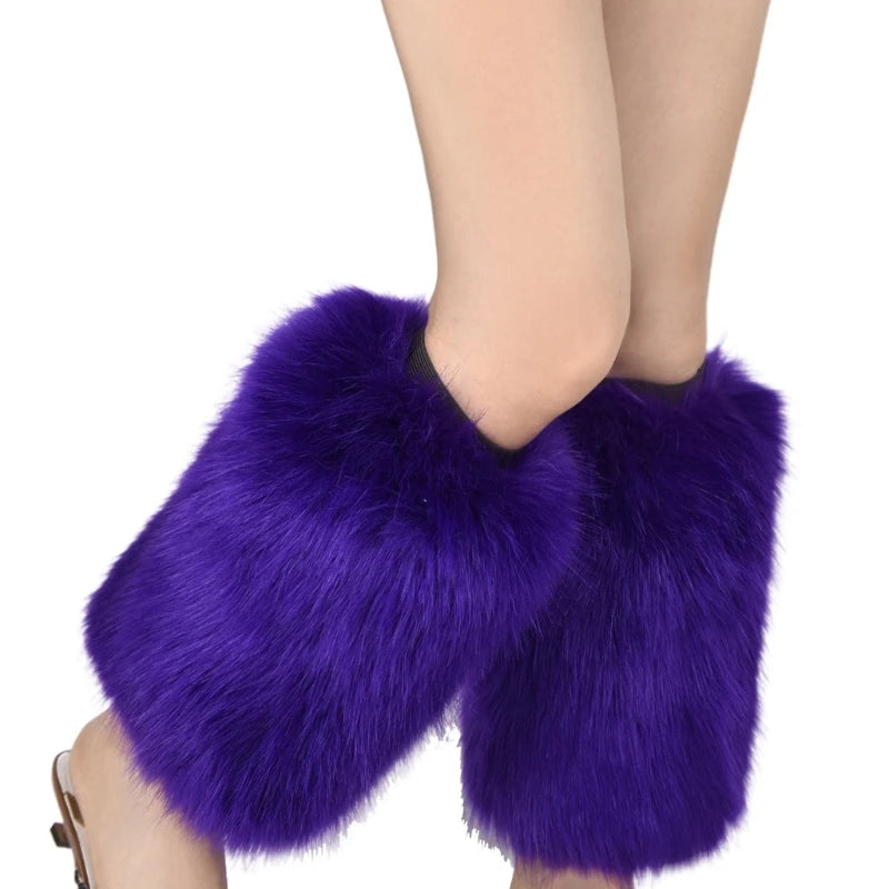 Women Vintage Vibrant Furry Leg Warmers Winter Warm Fuzzy Faux Fur Cuffs Sleeves Calf Length Socks Streetwear