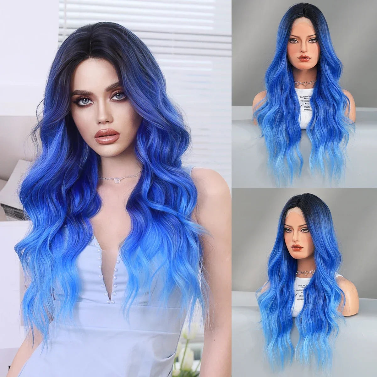 9Color Long Ombre Dream Mixed Blue Purple Highlights Long Wavy Wig For Women’s Christmas Halloween Cosplay Costume Party Wigs