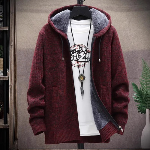 Men‘s Hooded Cardigan Knitted Sweater Winter Thick Fleece Warm Casual