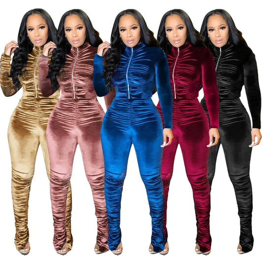 Two Piece Sets Women Pant Set Casual Autumn Winter Tracksuit Y2k Tops Zipper Coats Long Pants Pleated High Waist Matching Sets