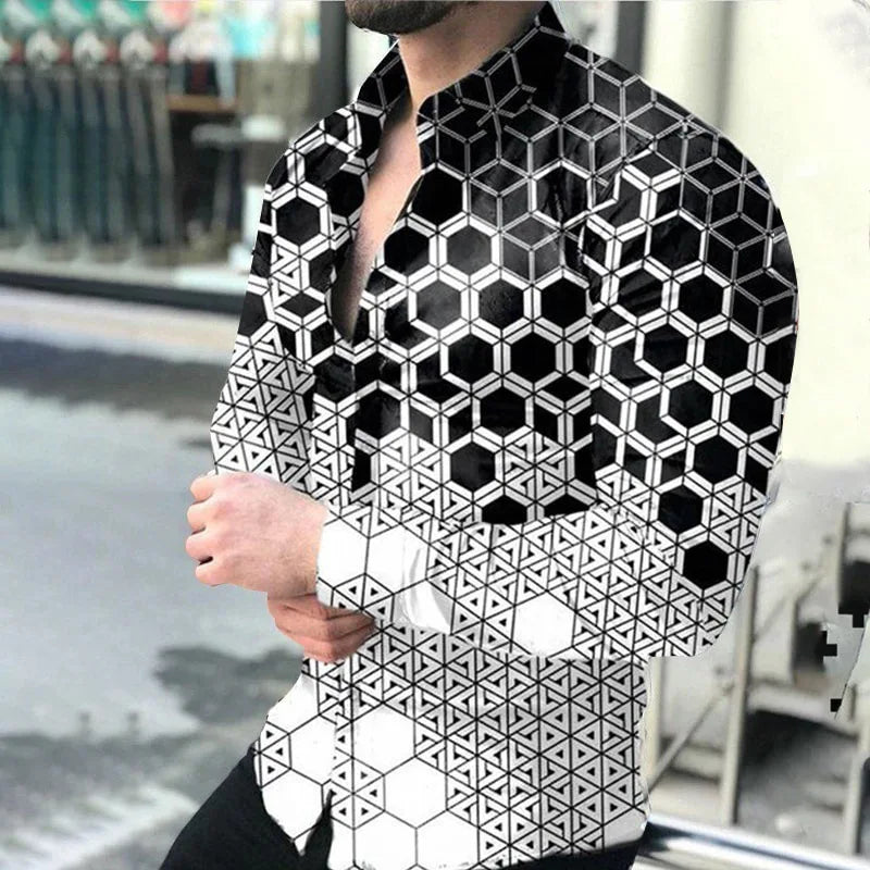 2023 Spring and Autumn fashion slim men's shirt top 3D totem polka dot lapel gradient color long-sleeved shirt clothing