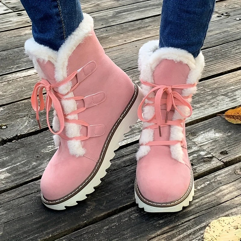 Women's Plush Lined Mid Calf Snow Boots - Waterproof Anti-Slip, Thermal Insulation Lace Up Outdoor Winter Boots for Cold Weather