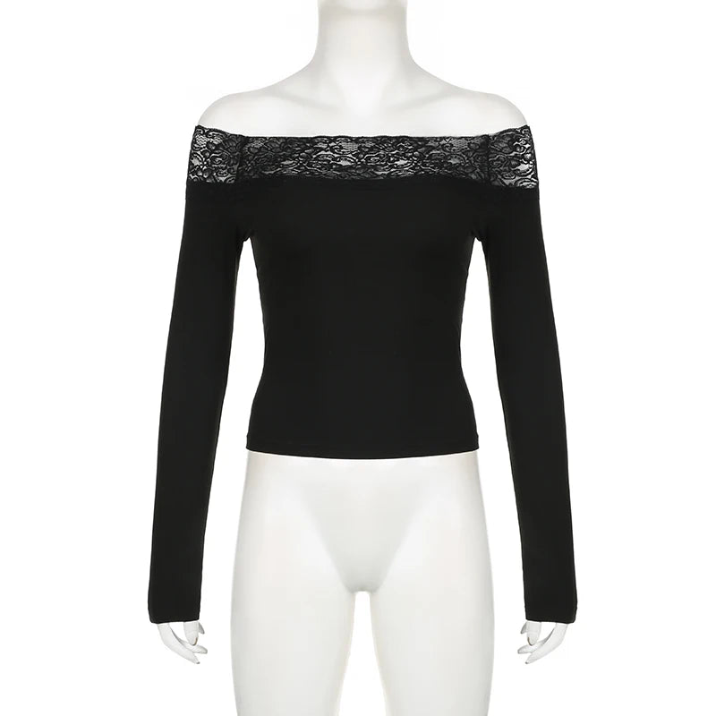 CIBBAR Black Lace Stitched Slash Neck Crop Top Elegant Sexy Skinny