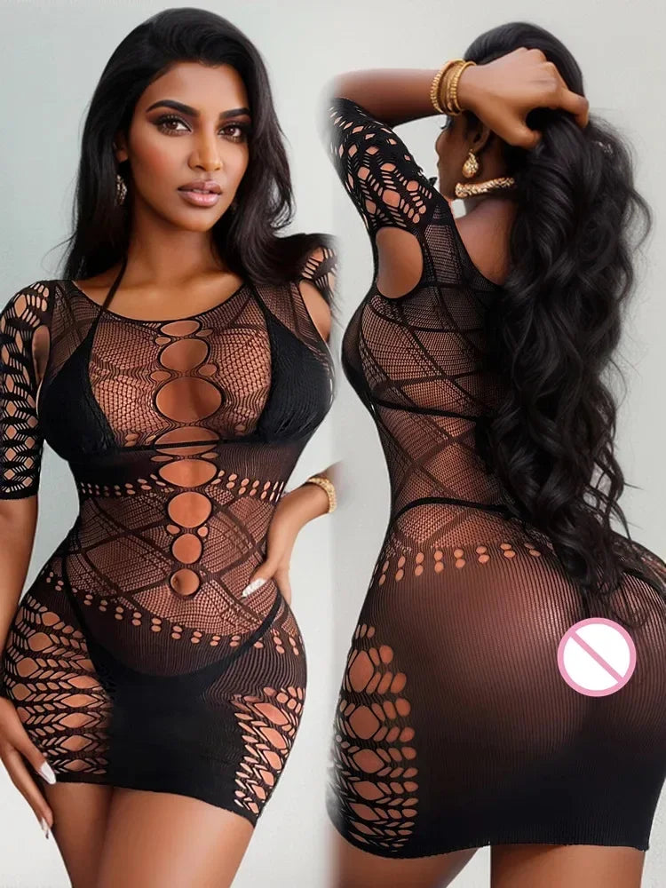 Hot Evening Night Party Club Wear Ladies Exotic Erotic Underwear See Through Hollow Mini Short Skirt Women's Sexy Bodycon Dress