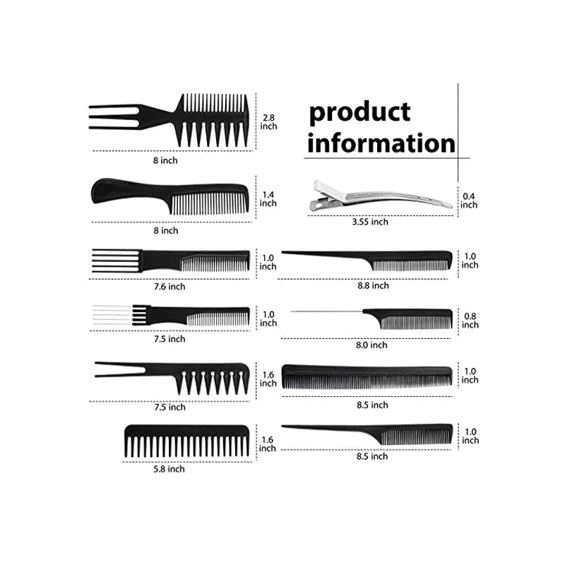 New 10pcs/lot Black Makeup Comb Set Styling Hairdressing Comb in 10 Designs Barber Training Tail Combs Salon HairCut Comb