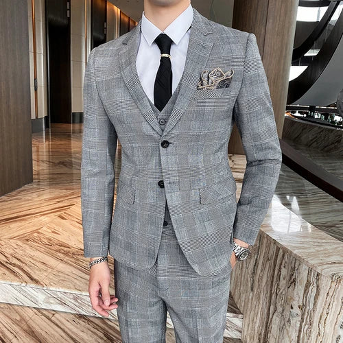 (Jacket+Vest+Pants) Men's Groom Wedding Dress Plaid Formal Suits Set Men Fashion Casual Business Suit Three-piece Blazers S-4XL