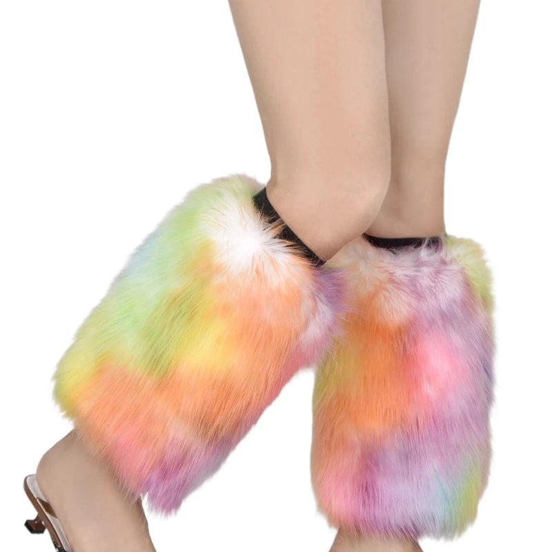 Women Vintage Vibrant Furry Leg Warmers Winter Warm Fuzzy Faux Fur Cuffs Sleeves Calf Length Socks Streetwear