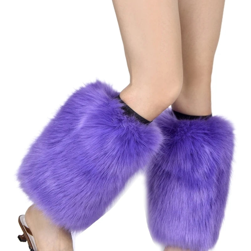 Women Vintage Vibrant Furry Leg Warmers Winter Warm Fuzzy Faux Fur Cuffs Sleeves Calf Length Socks Streetwear