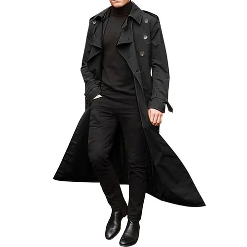 Men's Long Trench Coat Solid Color Long Sleeve Leisure Lapel Button