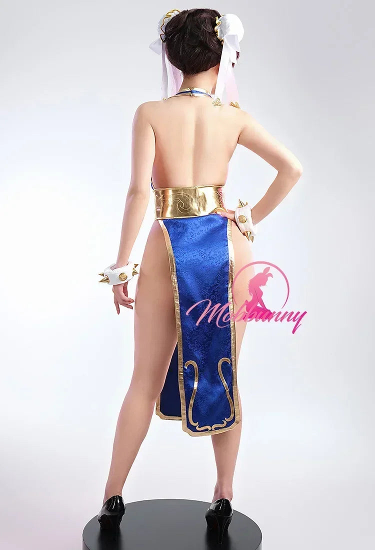 Mobbunny Women Cheongsam Sexy Lingerie Set Chun Li Derivative Deep V High Slit Dress with Belt Hand Rings