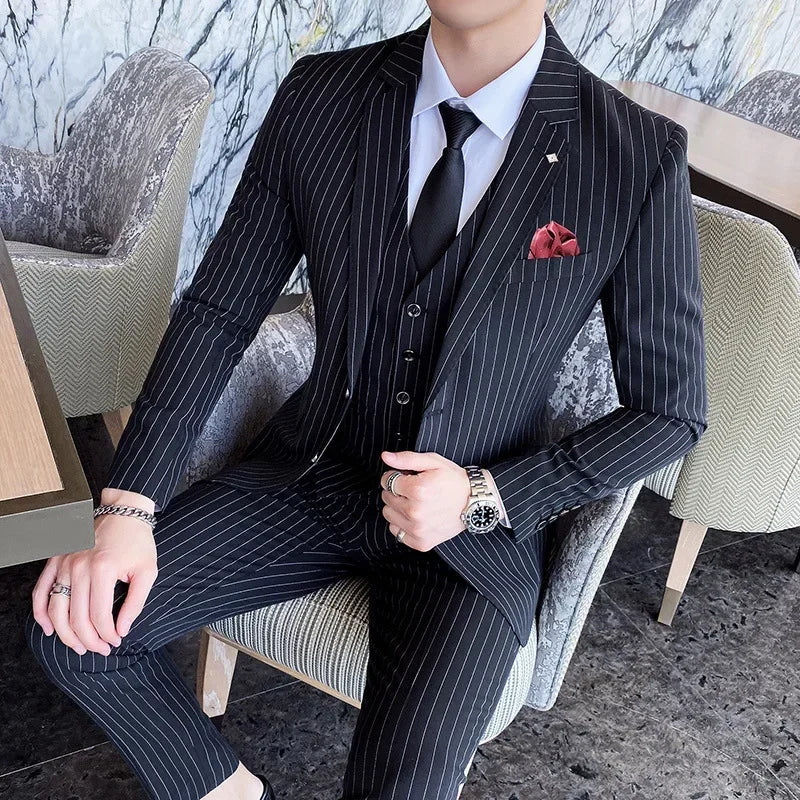 (Jackets+Vest+Pants) 2022 Men's Three-piece Suit/Male Slim Fit Cotton High Quality Business Blazers/Man Stripe Groom Dress S-5XL