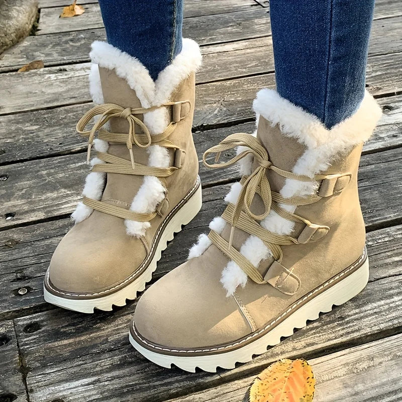 Women's Plush Lined Mid Calf Snow Boots - Waterproof Anti-Slip, Thermal Insulation Lace Up Outdoor Winter Boots for Cold Weather