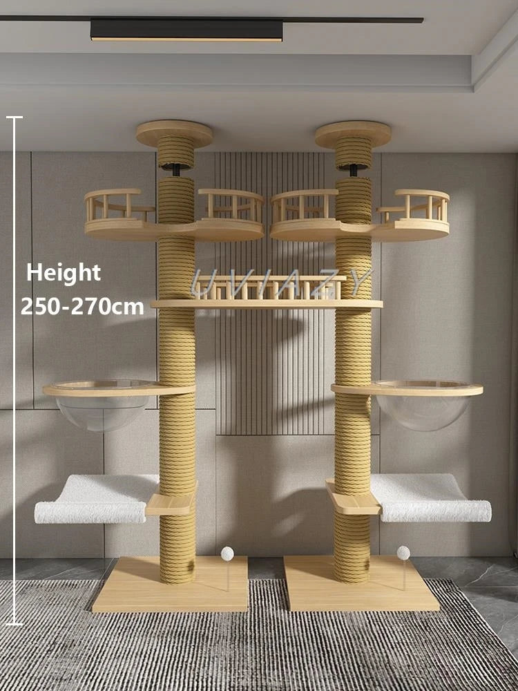 Floor-to-Ceiling Double Column Multi-layer Cat Tree Cat Climbing Tower with Natural Sisal Rope Scratching Post Tall ClimbingTree