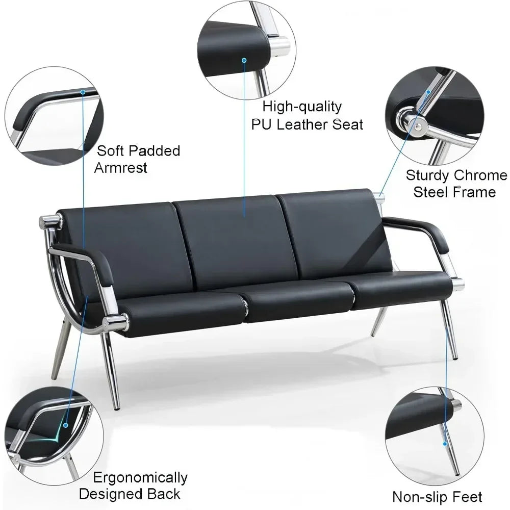 Waiting Room Bench with Fixed PU Leather Upholstered Armrests, Chair with Lumbar Support for Office, Library, Waiting Bench