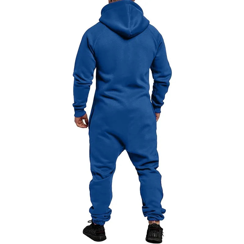 Men s Winter Hooded Jumpsuits with Pockets Warm Long Sleeve Full Zipper Up Overalls Sweatsuits with Drawstring